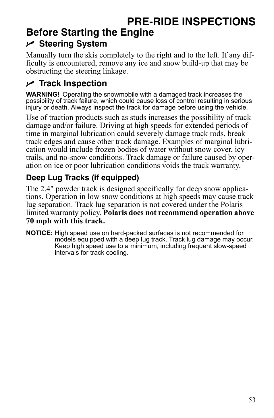 Pre-ride inspections, Before starting the engine | Polaris 800 Assault RMK User Manual | Page 57 / 134