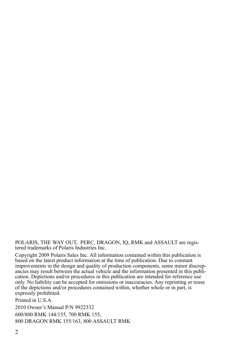 Polaris 800 Assault RMK User Manual | Page 6 / 134