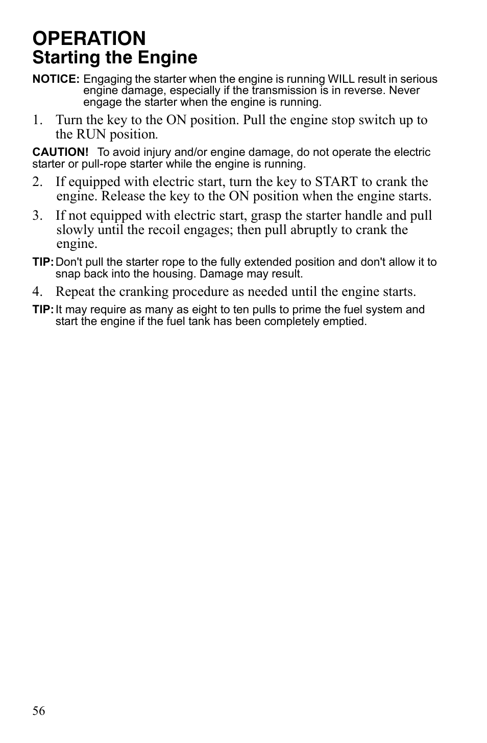 Operation, Starting the engine | Polaris 800 Assault RMK User Manual | Page 60 / 134