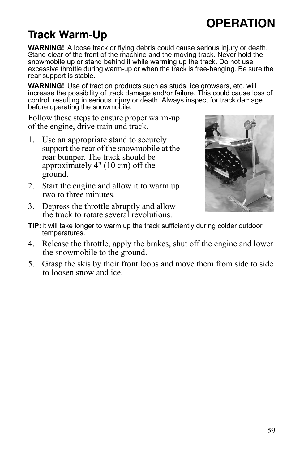 Operation, Track warm-up | Polaris 800 Assault RMK User Manual | Page 63 / 134