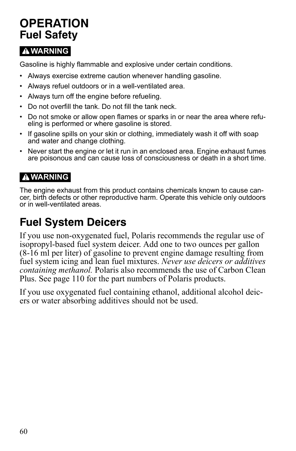 Operation, Fuel safety, Fuel system deicers | Polaris 800 Assault RMK User Manual | Page 64 / 134