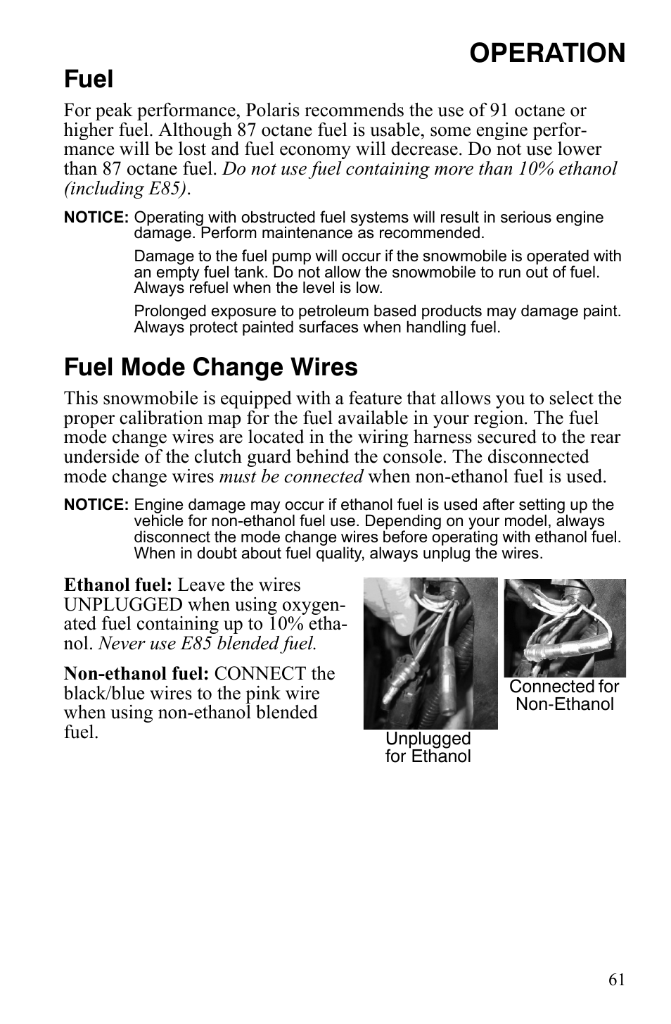 Operation, Fuel, Fuel mode change wires | Polaris 800 Assault RMK User Manual | Page 65 / 134