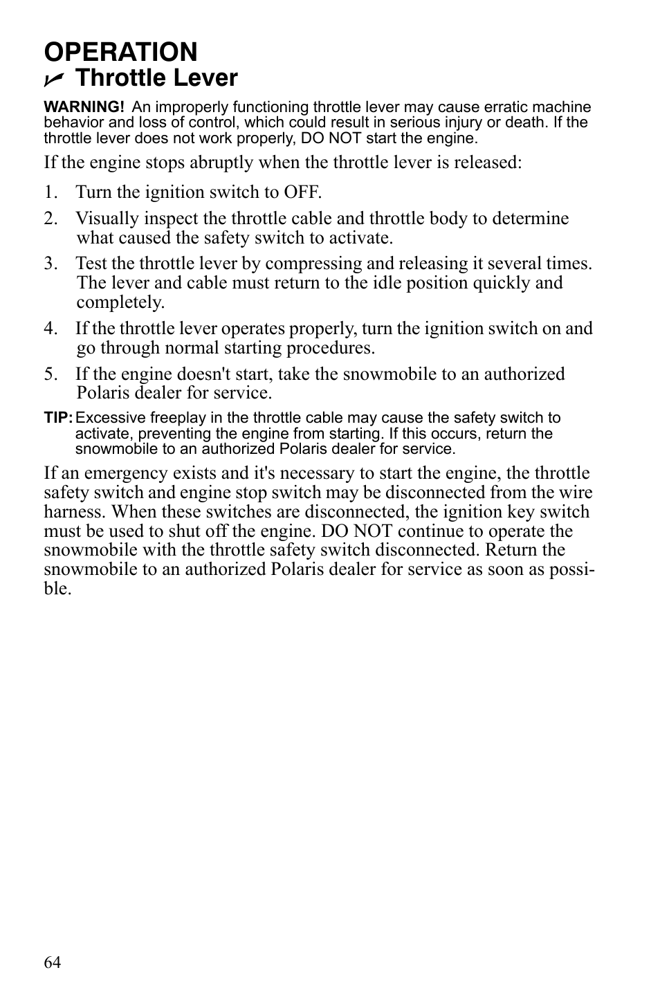 Operation, Throttle lever | Polaris 800 Assault RMK User Manual | Page 68 / 134