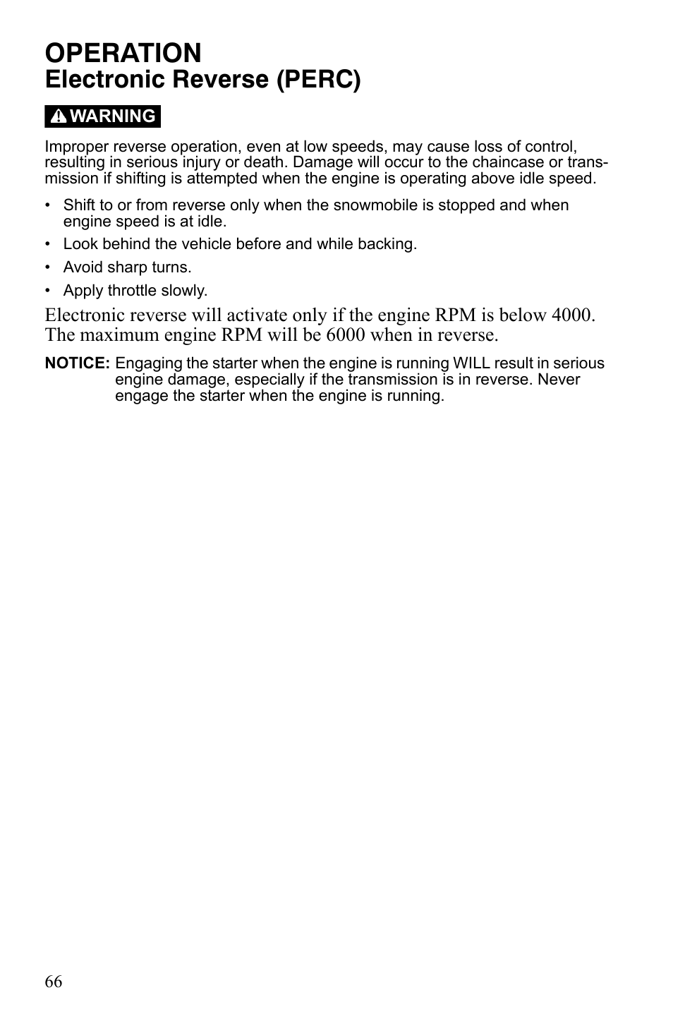 Operation, Electronic reverse (perc) | Polaris 800 Assault RMK User Manual | Page 70 / 134