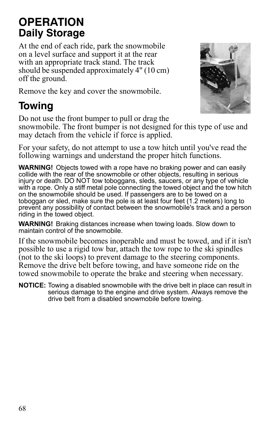 Operation, Daily storage, Towing | Polaris 800 Assault RMK User Manual | Page 72 / 134