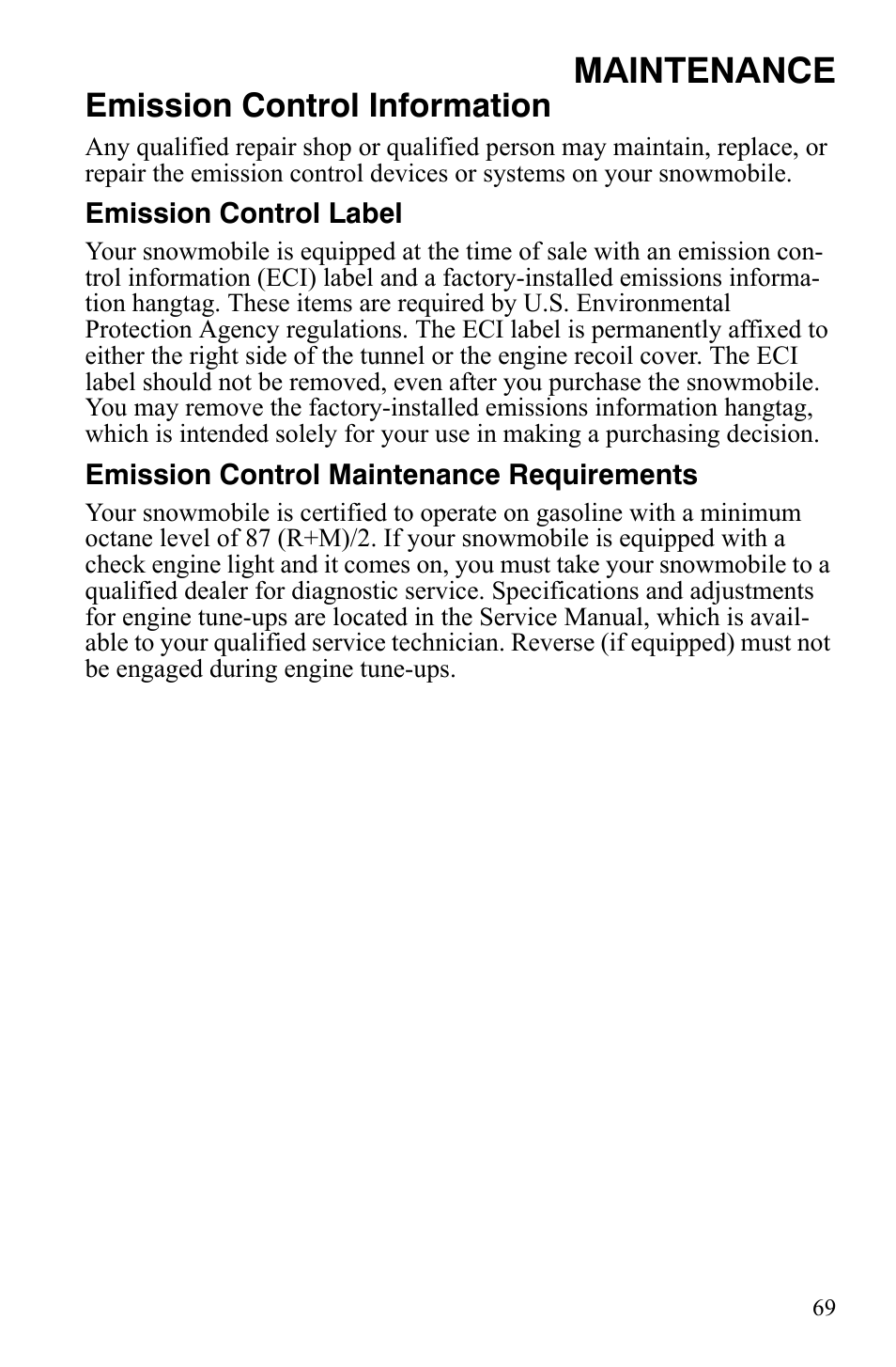 Maintenance, Emission control information | Polaris 800 Assault RMK User Manual | Page 73 / 134