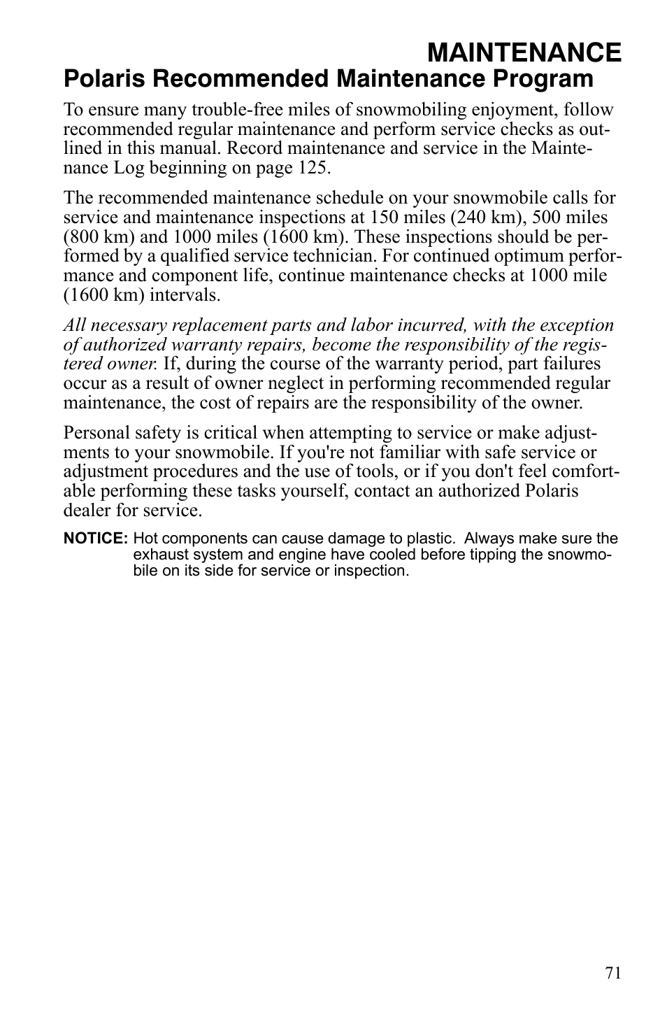 Maintenance, Polaris recommended maintenance program | Polaris 800 Assault RMK User Manual | Page 75 / 134