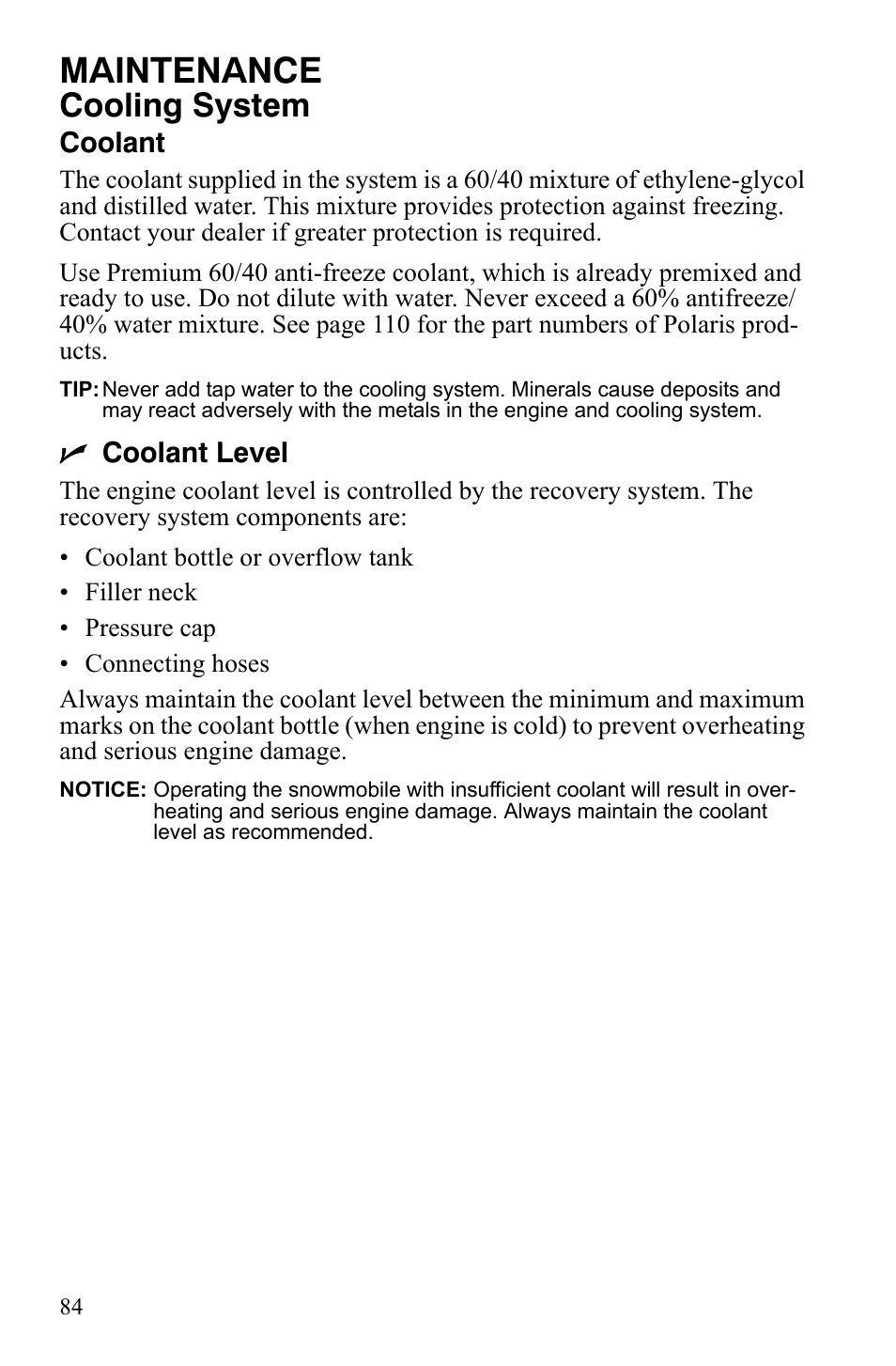 Maintenance, Cooling system | Polaris 800 Assault RMK User Manual | Page 88 / 134