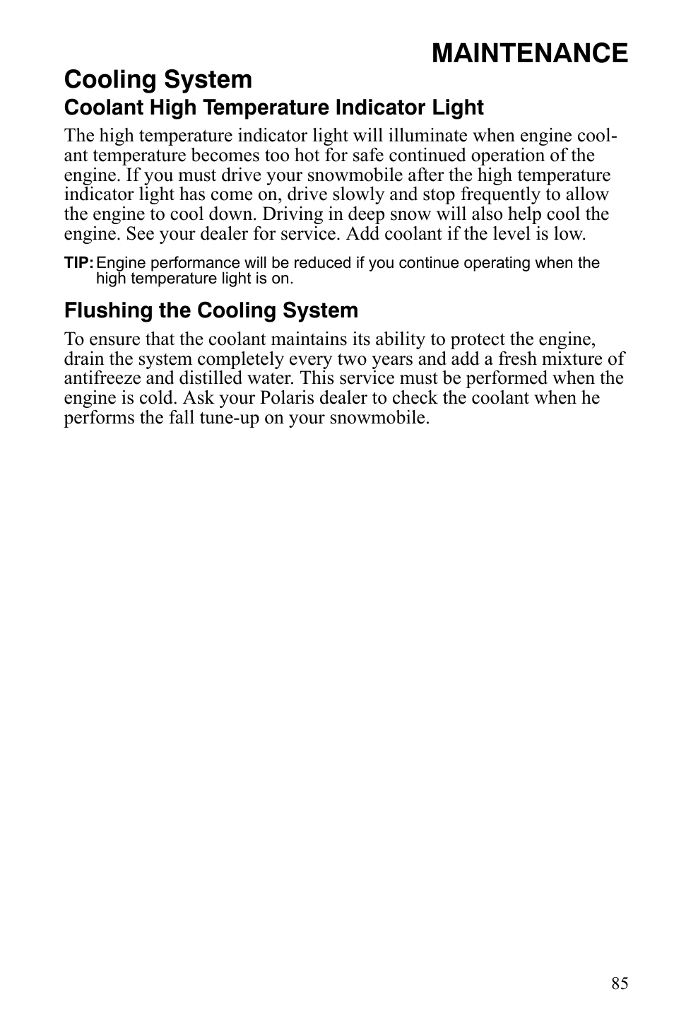 Maintenance, Cooling system | Polaris 800 Assault RMK User Manual | Page 89 / 134