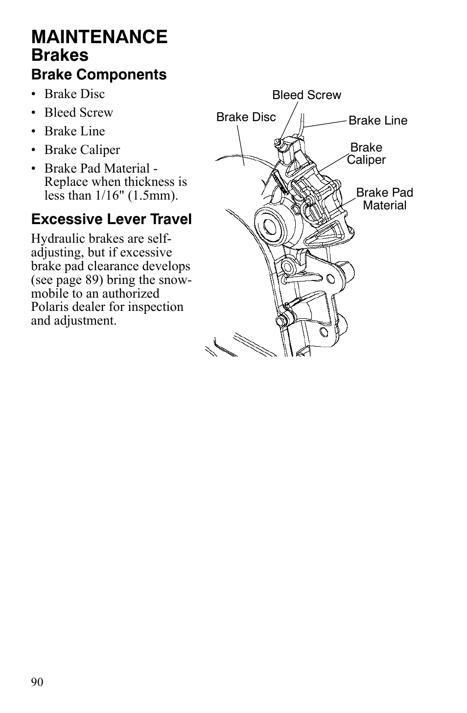 Maintenance, Brakes | Polaris 800 Assault RMK User Manual | Page 94 / 134