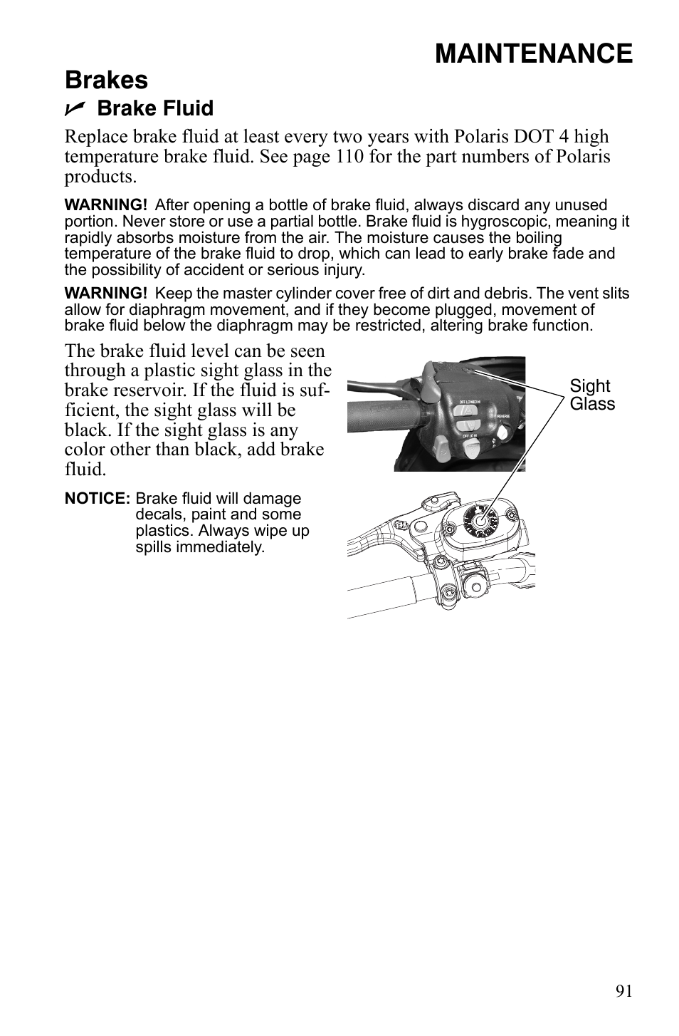 Maintenance, Brakes, Nbrake fluid | Polaris 800 Assault RMK User Manual | Page 95 / 134