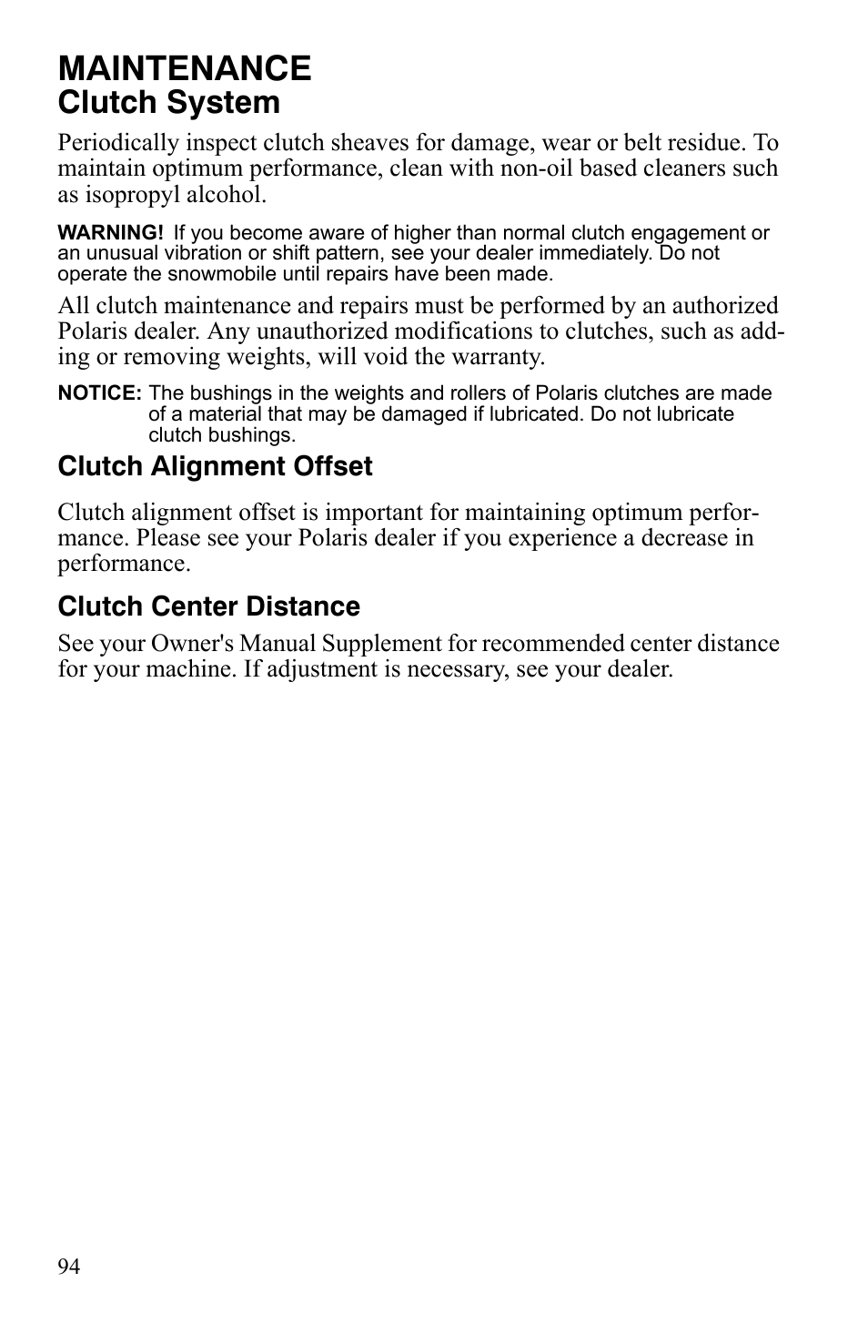 Maintenance, Clutch system | Polaris 800 Assault RMK User Manual | Page 98 / 134