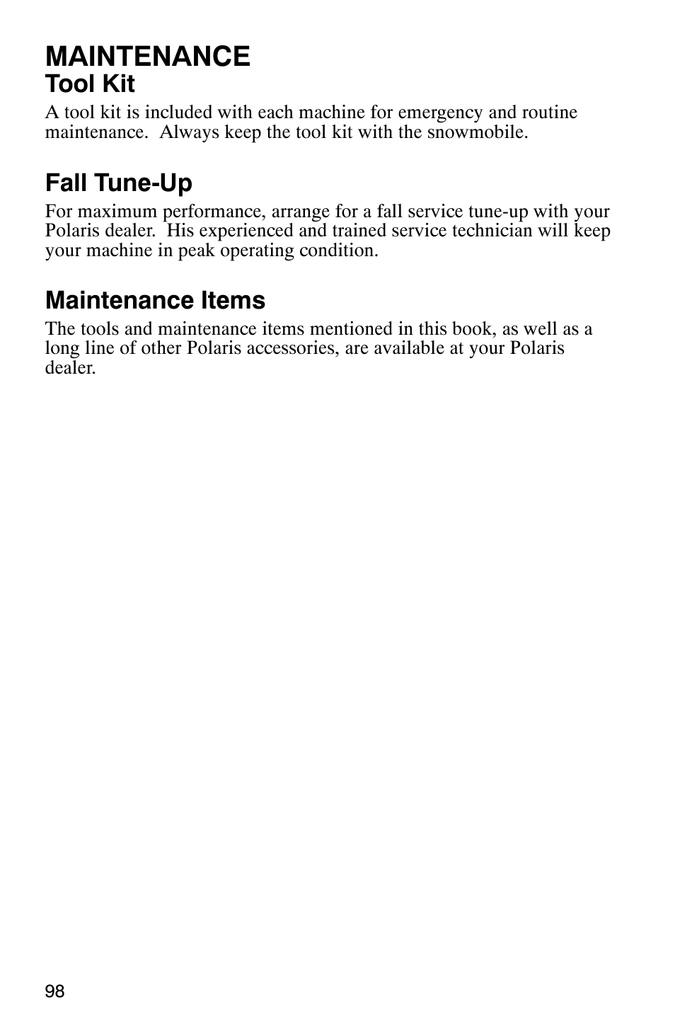 Maintenance, Tool kit, Fall tune-up | Maintenance items | Polaris 700 Touring User Manual | Page 101 / 133