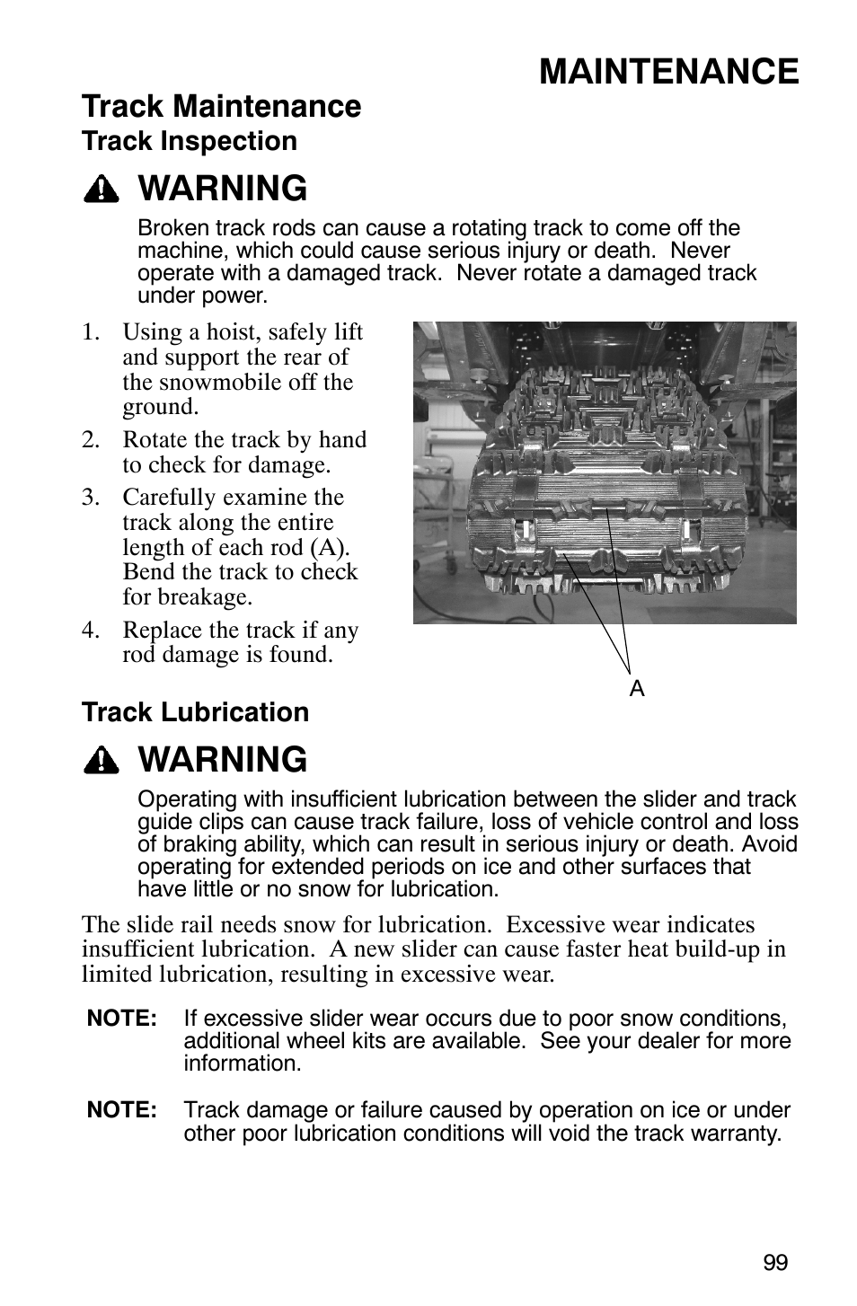 Maintenance, Warning, Track maintenance | Polaris 700 Touring User Manual | Page 102 / 133