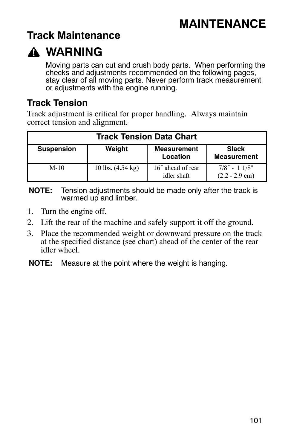 Maintenance, Warning, Track maintenance | Track tension | Polaris 700 Touring User Manual | Page 104 / 133