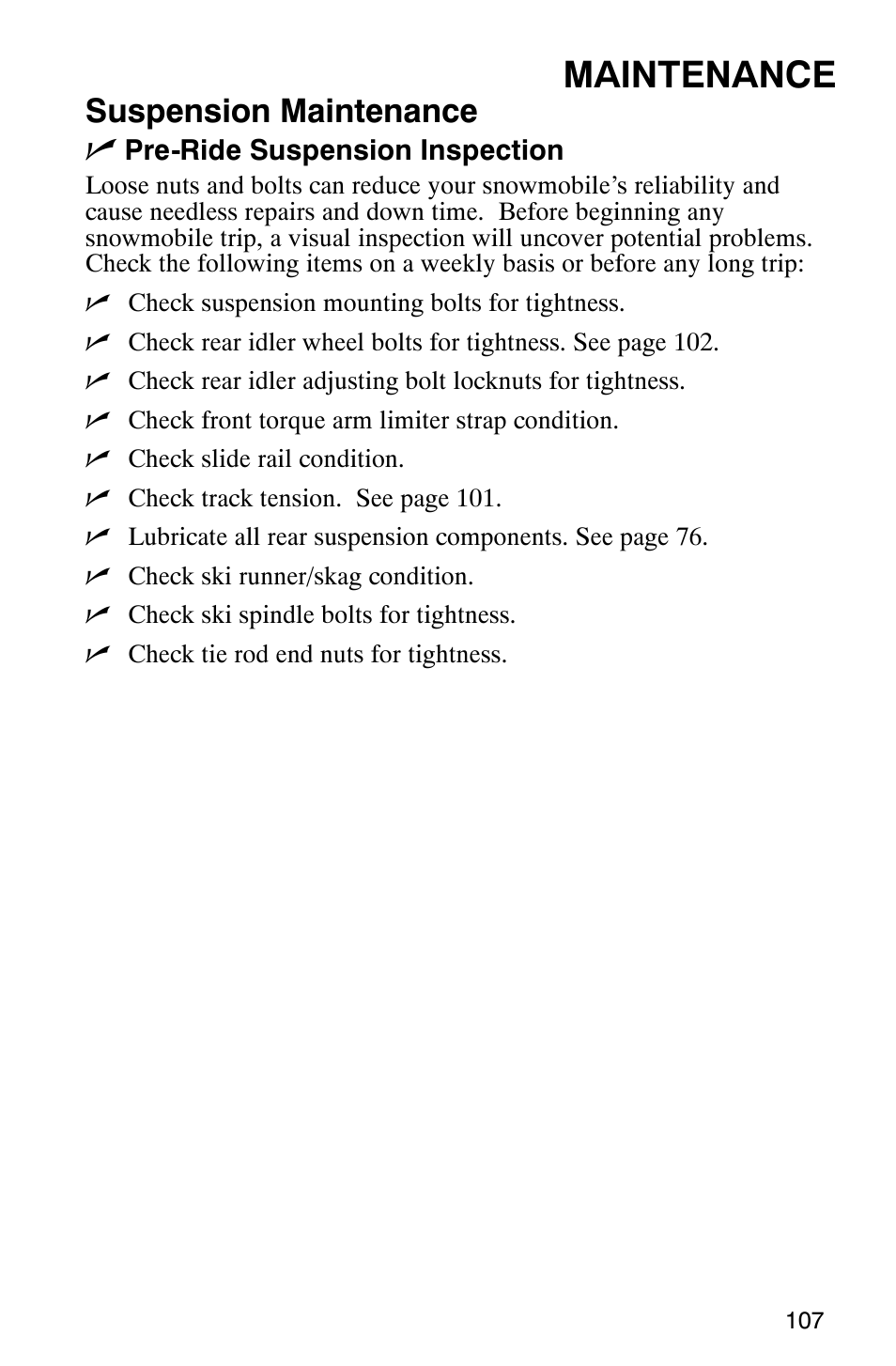 Maintenance, Suspension maintenance n | Polaris 700 Touring User Manual | Page 110 / 133
