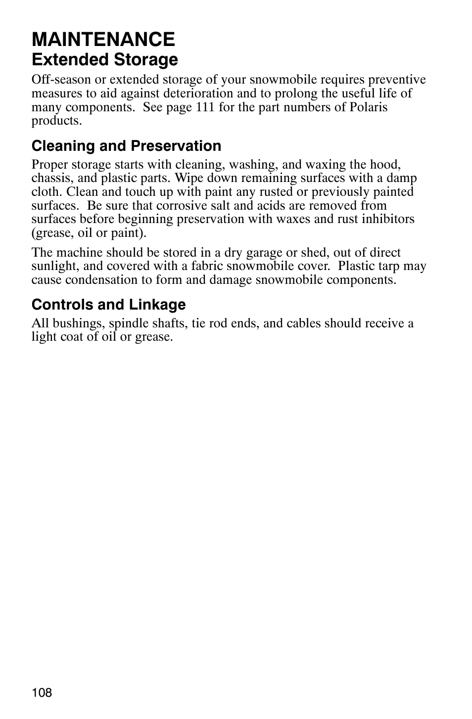 Maintenance, Extended storage | Polaris 700 Touring User Manual | Page 111 / 133