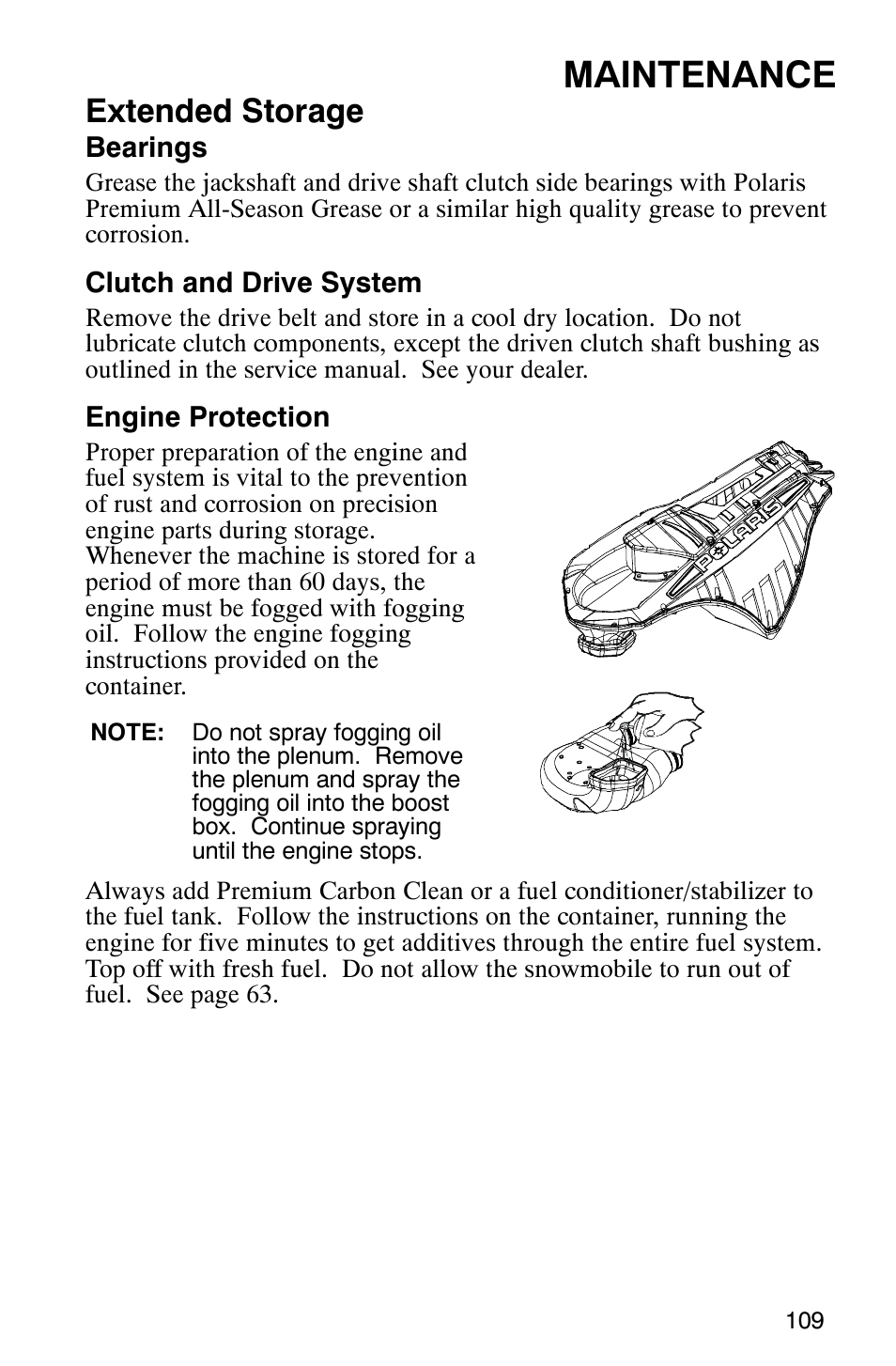 Maintenance, Extended storage | Polaris 700 Touring User Manual | Page 112 / 133