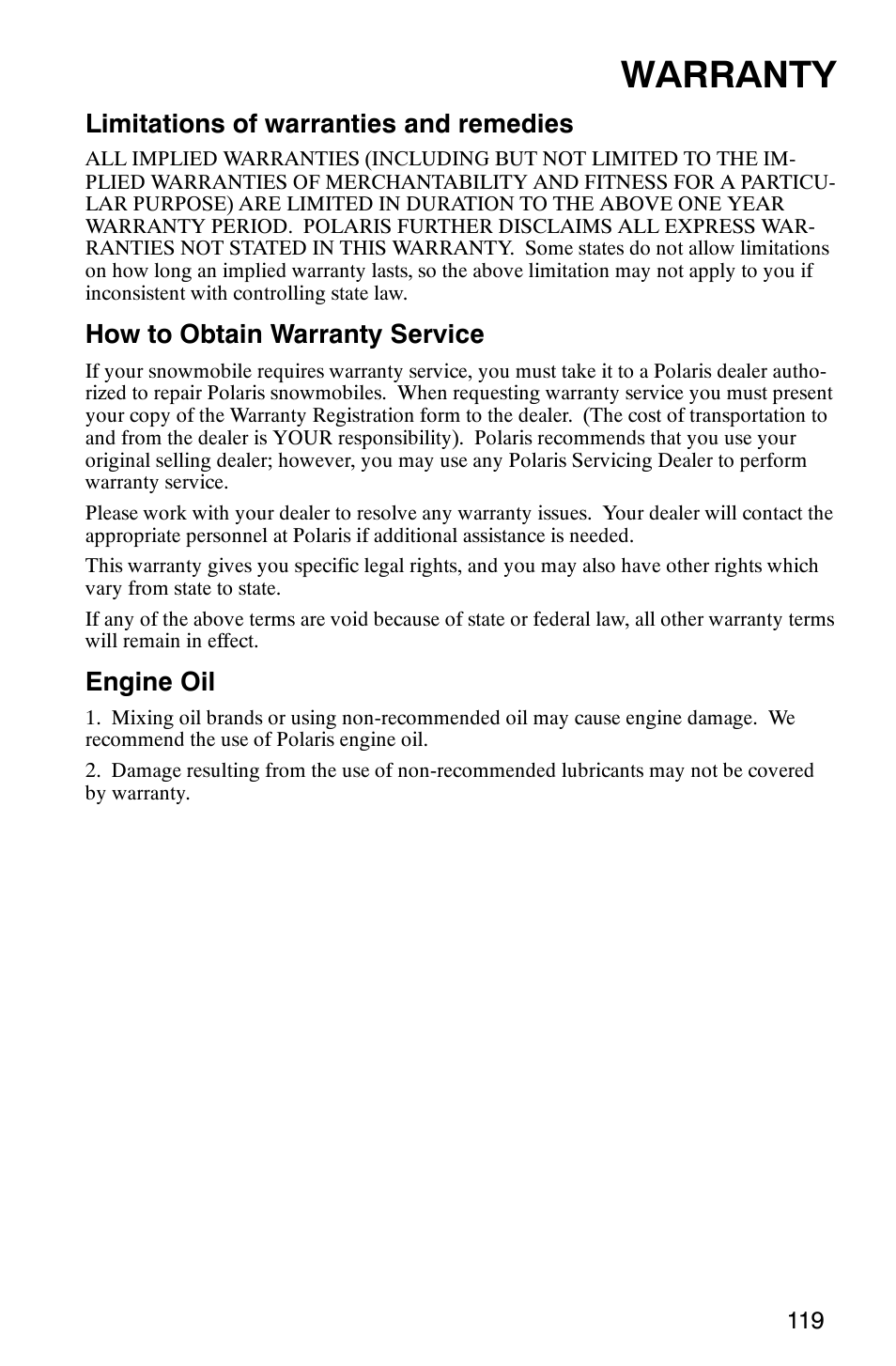 Warranty, Limitations of warranties and remedies, How to obtain warranty service | Engine oil | Polaris 700 Touring User Manual | Page 122 / 133