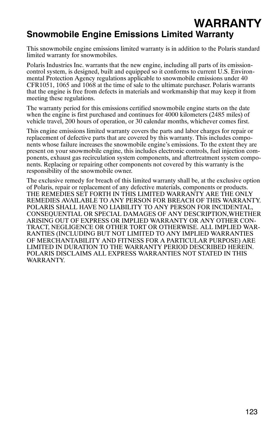 Warranty, Snowmobile engine emissions limited warranty | Polaris 700 Touring User Manual | Page 126 / 133