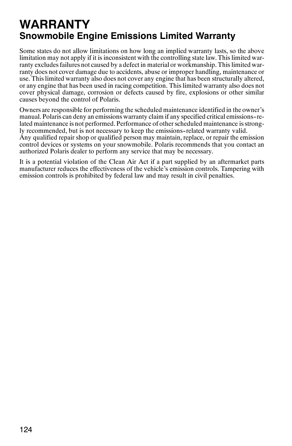 Warranty, Snowmobile engine emissions limited warranty | Polaris 700 Touring User Manual | Page 127 / 133