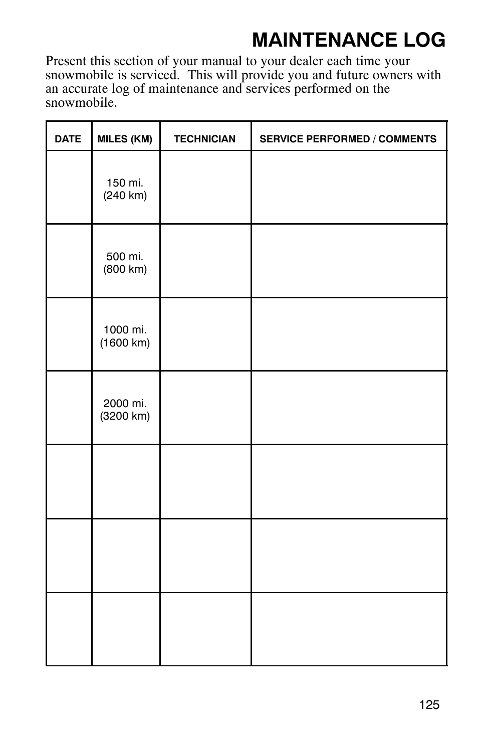 Maintenance log | Polaris 700 Touring User Manual | Page 128 / 133