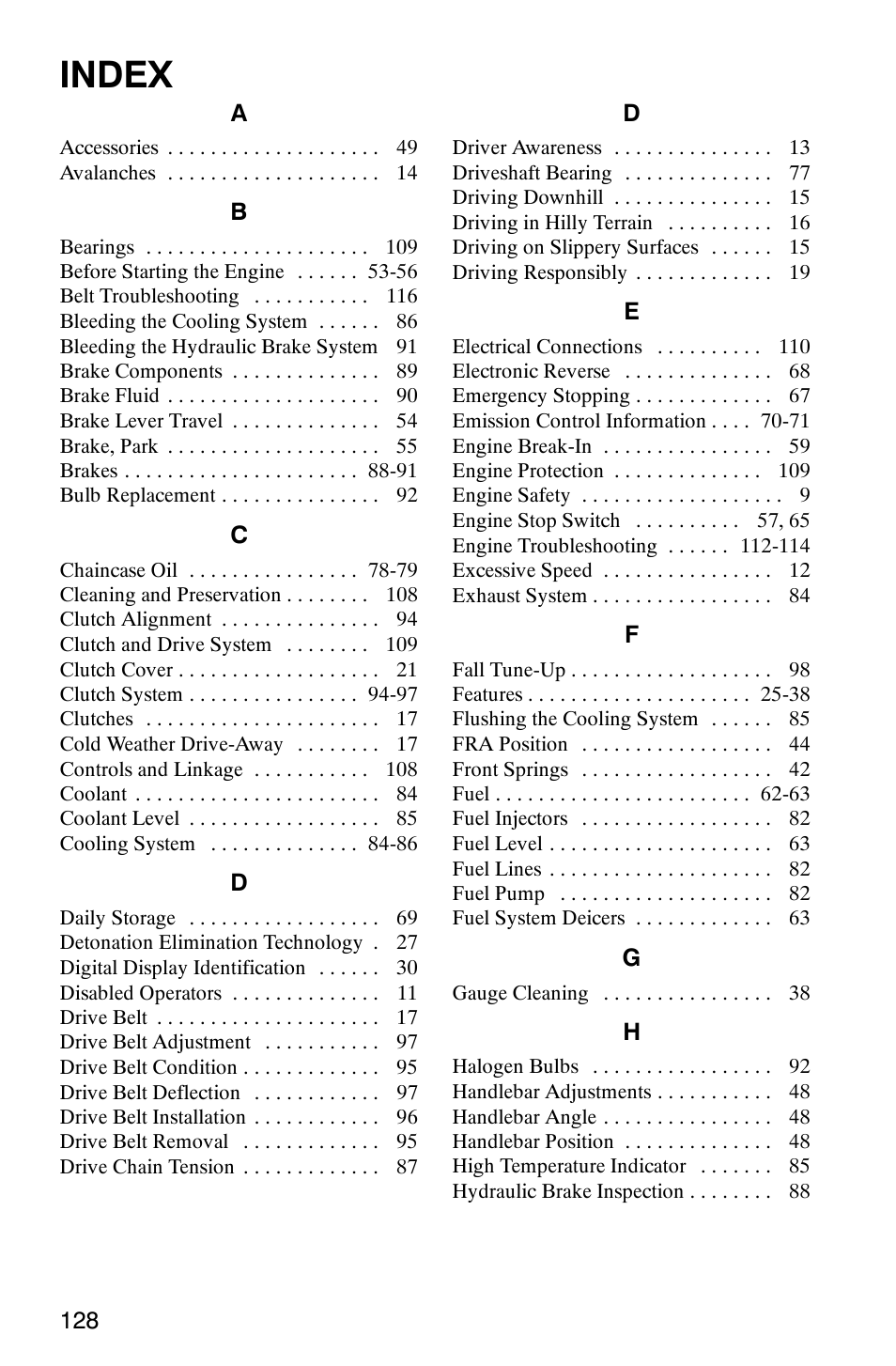 Index | Polaris 700 Touring User Manual | Page 131 / 133
