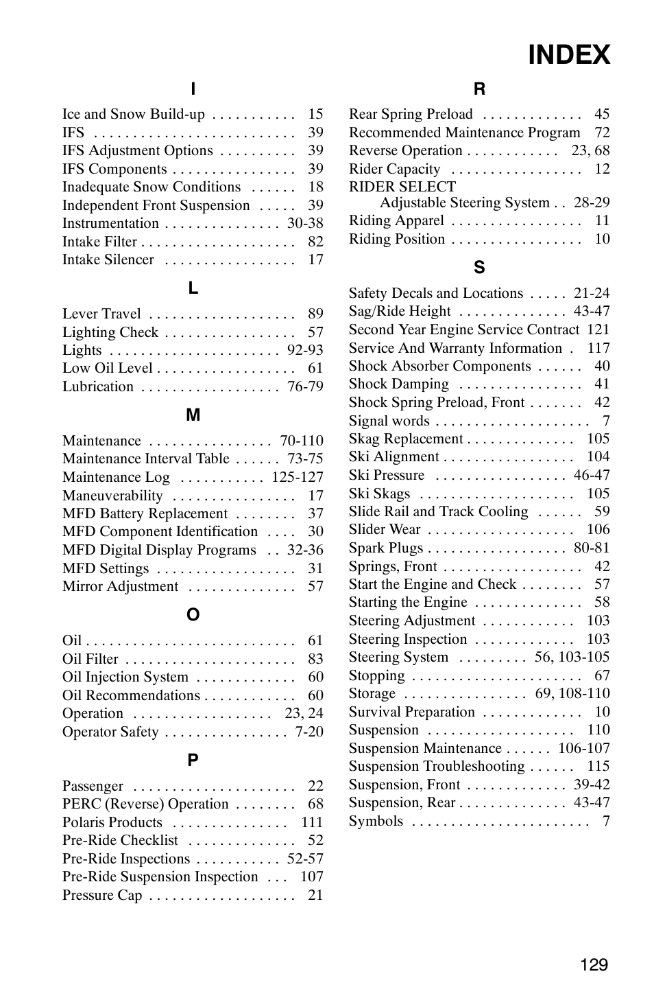 Index | Polaris 700 Touring User Manual | Page 132 / 133