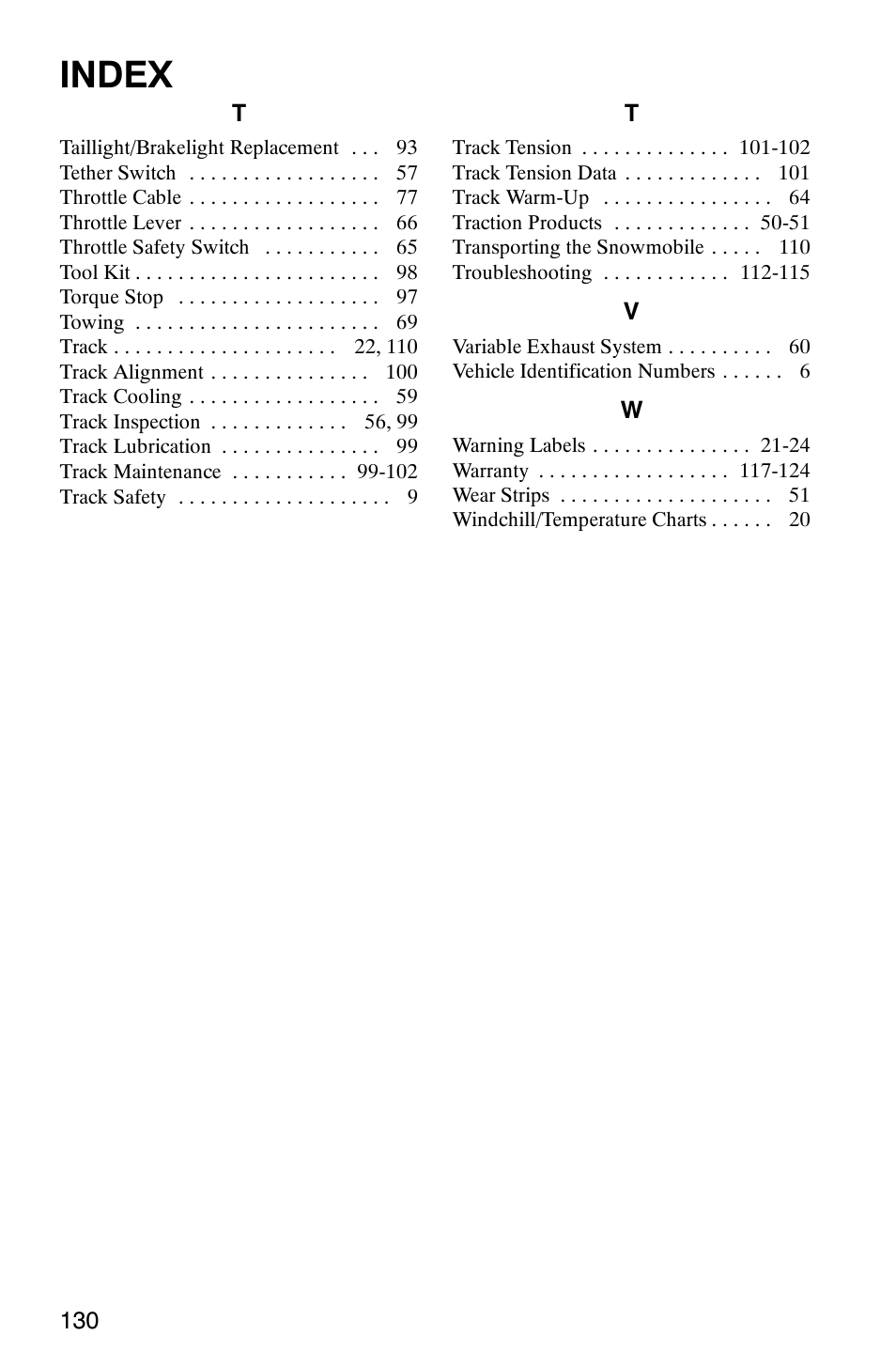 Index | Polaris 700 Touring User Manual | Page 133 / 133