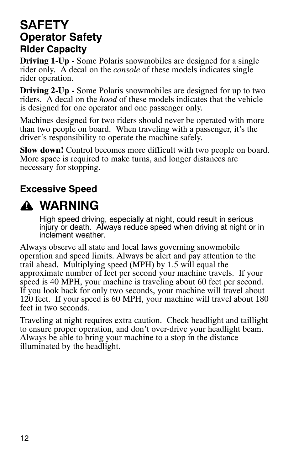 Safety, Warning, Operator safety | Polaris 700 Touring User Manual | Page 15 / 133