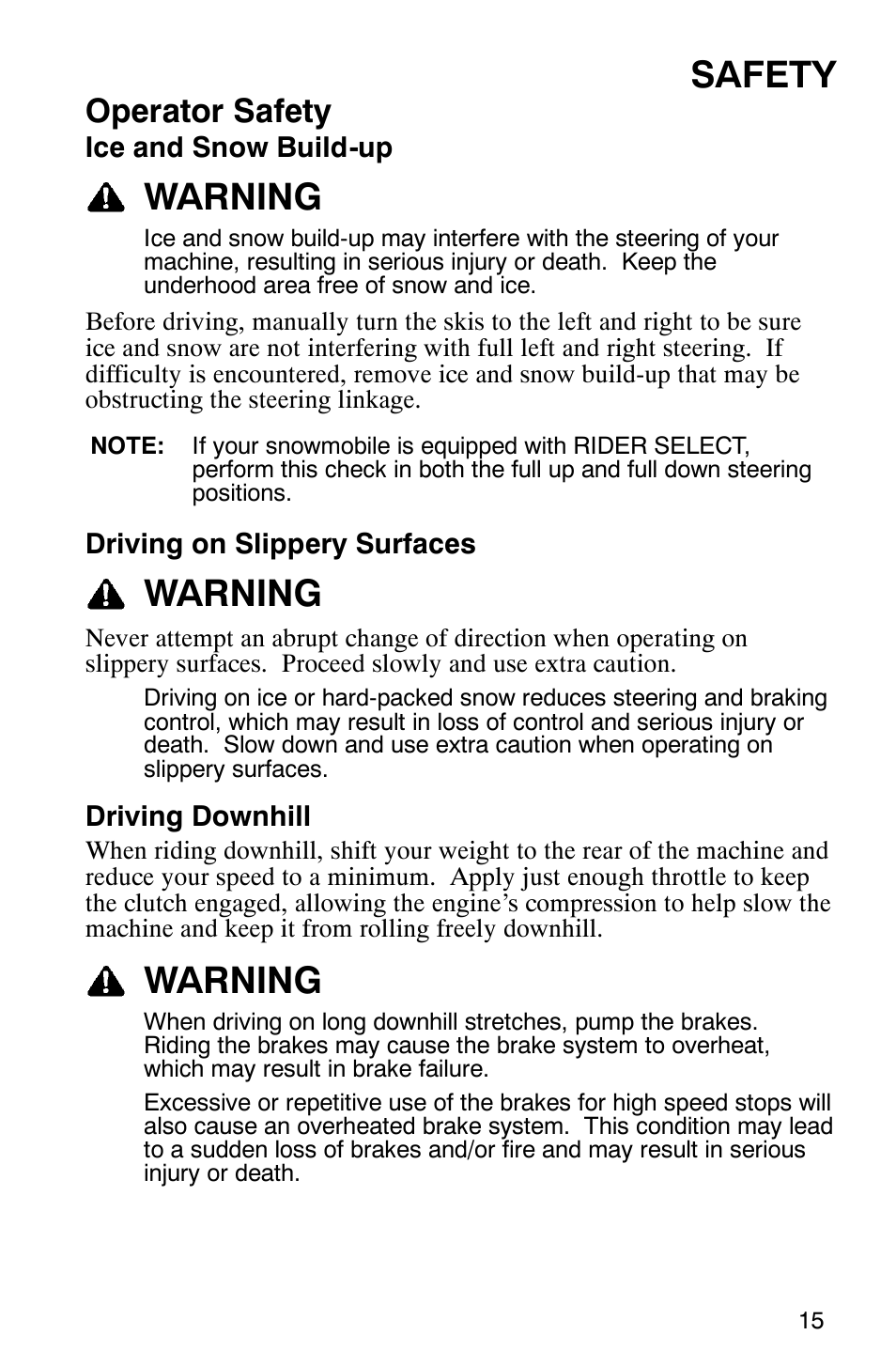 Safety, Warning, Operator safety | Polaris 700 Touring User Manual | Page 18 / 133