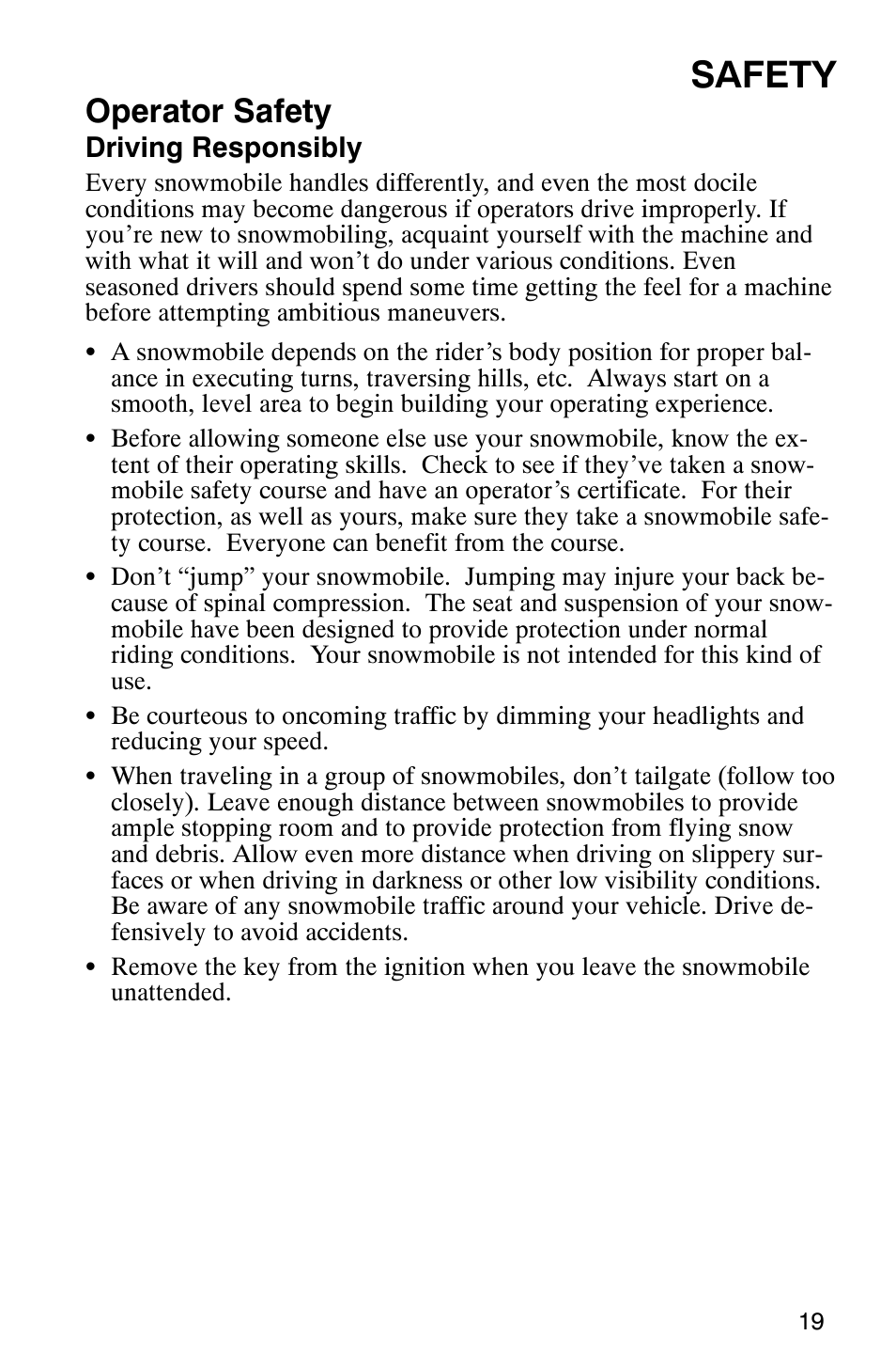 Safety, Operator safety | Polaris 700 Touring User Manual | Page 22 / 133