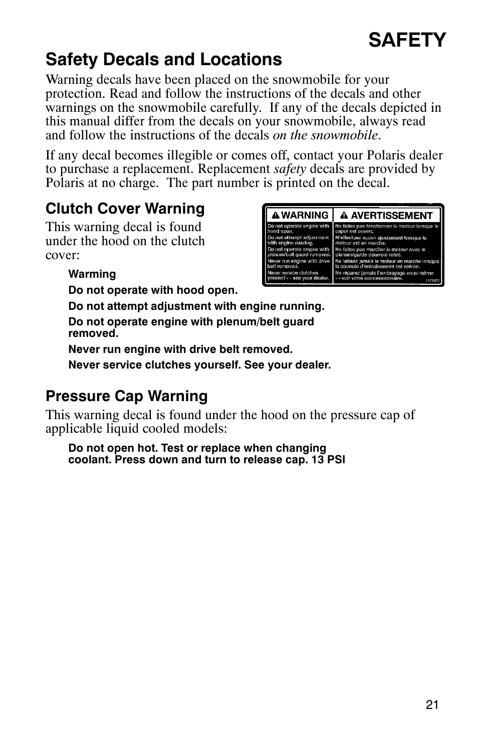 Safety, Safety decals and locations | Polaris 700 Touring User Manual | Page 24 / 133