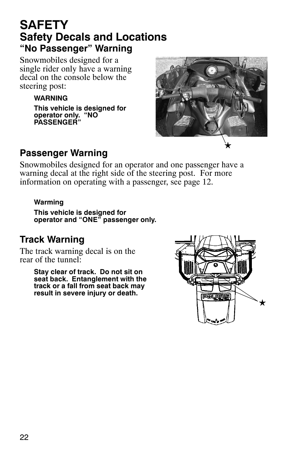 Safety, Safety decals and locations, No passenger” warning | Passenger warning, Track warning | Polaris 700 Touring User Manual | Page 25 / 133