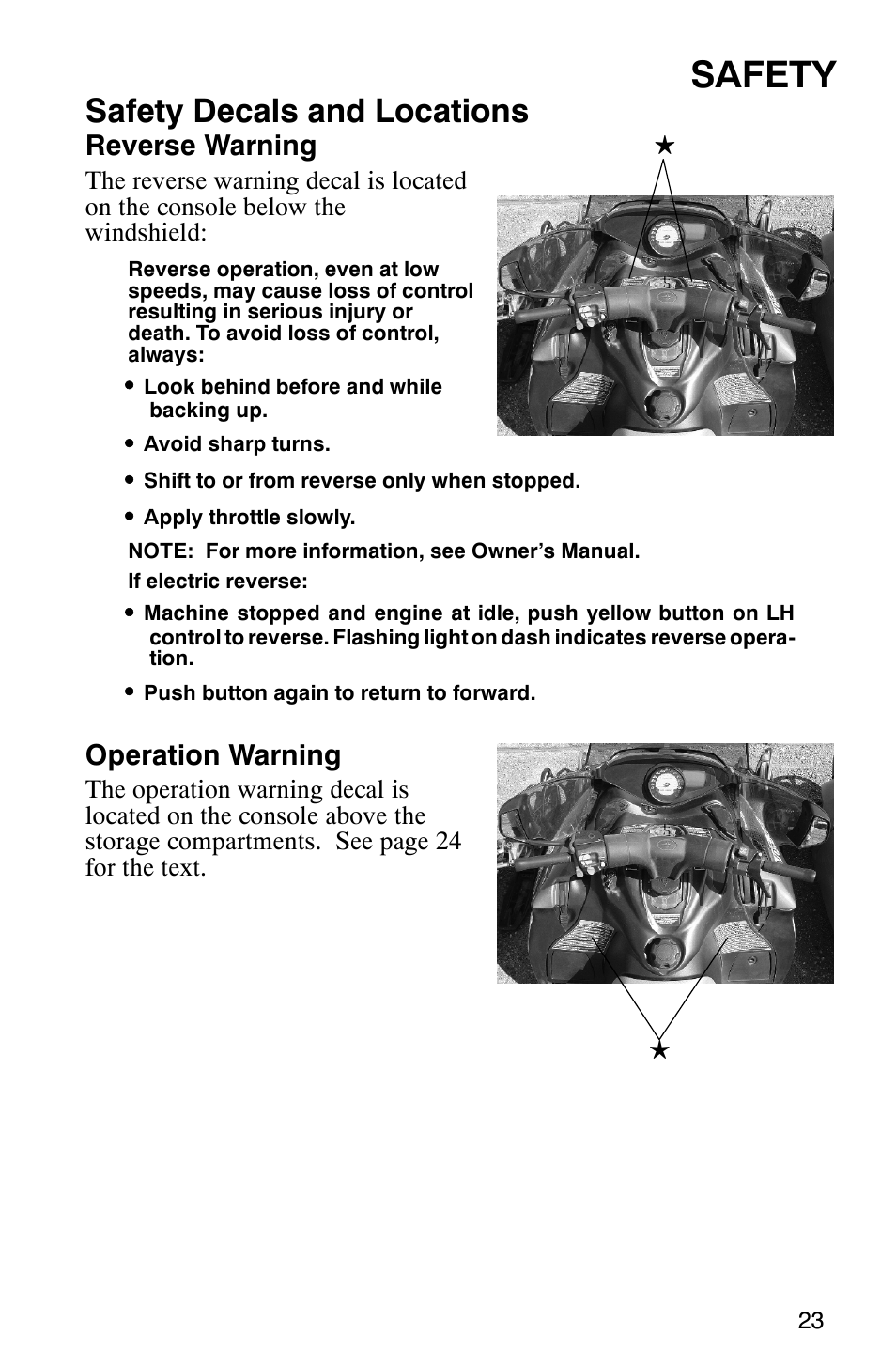 Safety, Safety decals and locations, Reverse warning | Operation warning | Polaris 700 Touring User Manual | Page 26 / 133