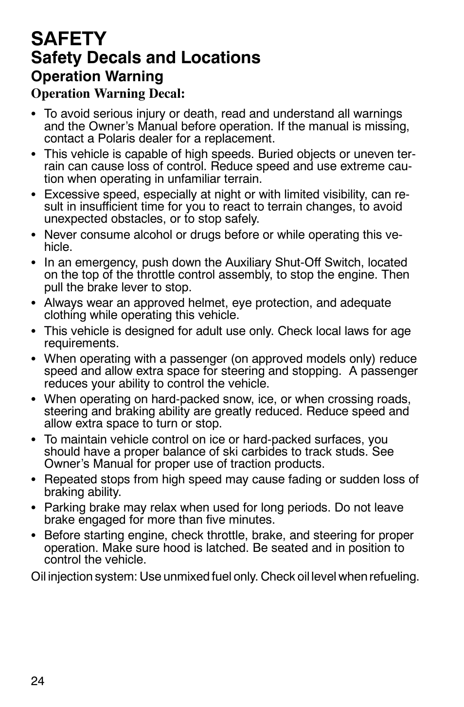 Safety, Safety decals and locations, Operation warning | Polaris 700 Touring User Manual | Page 27 / 133