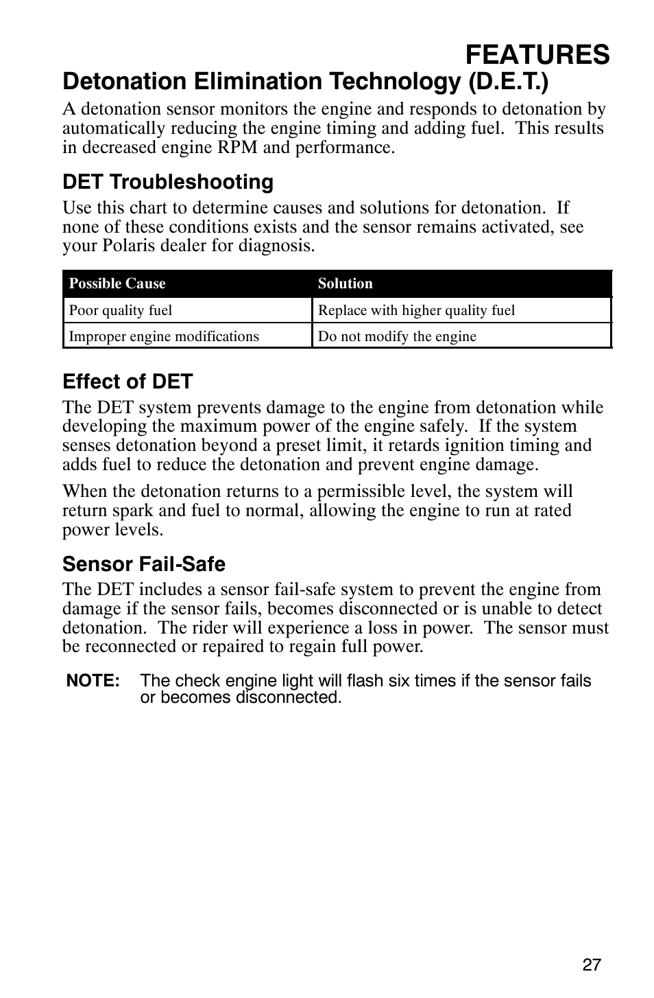 Features, Detonation elimination technology (d.e.t.) | Polaris 700 Touring User Manual | Page 30 / 133