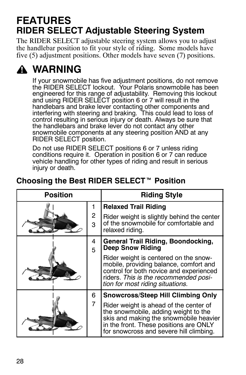 Features, Warning, Rider select adjustable steering system | Choosing the best rider select t position | Polaris 700 Touring User Manual | Page 31 / 133