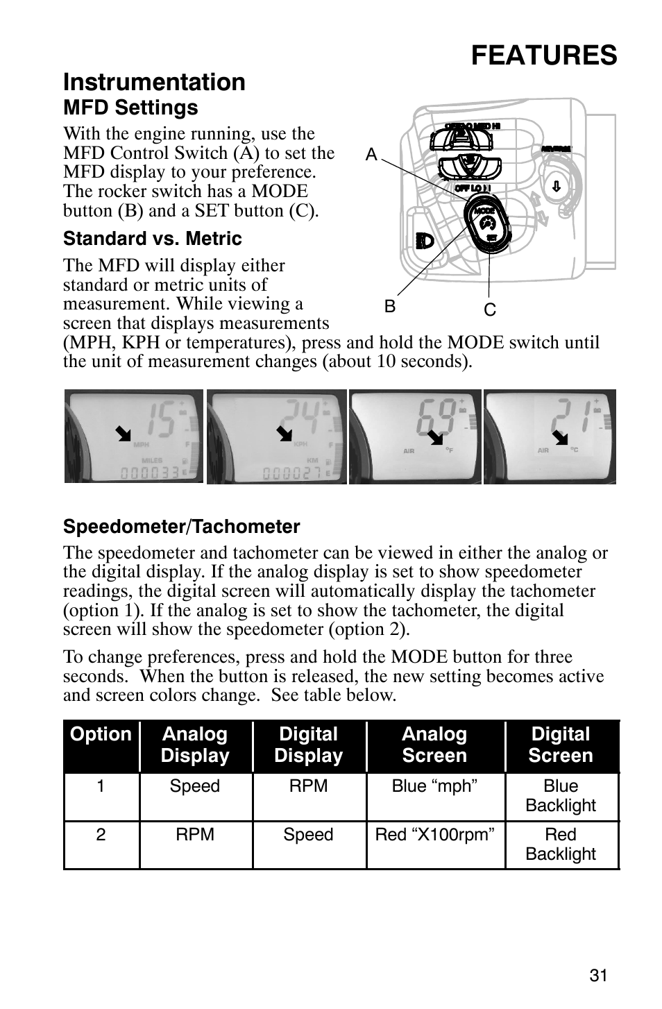 Features, Instrumentation | Polaris 700 Touring User Manual | Page 34 / 133