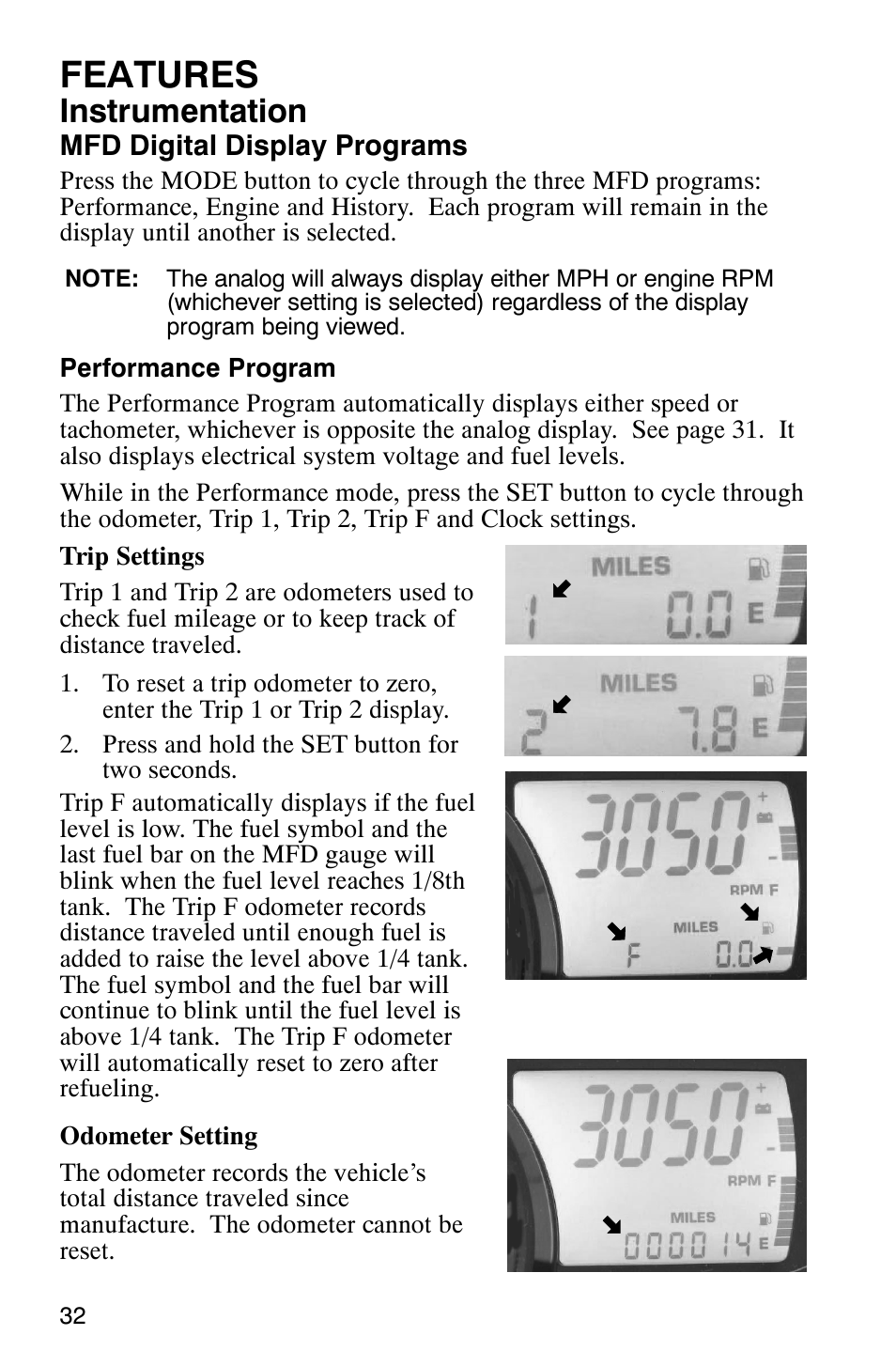 Features, Instrumentation | Polaris 700 Touring User Manual | Page 35 / 133