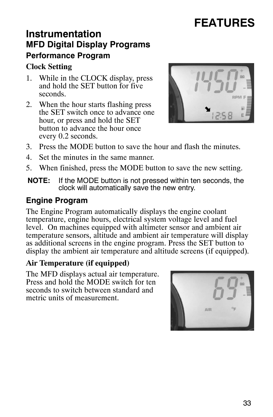 Features, Instrumentation | Polaris 700 Touring User Manual | Page 36 / 133