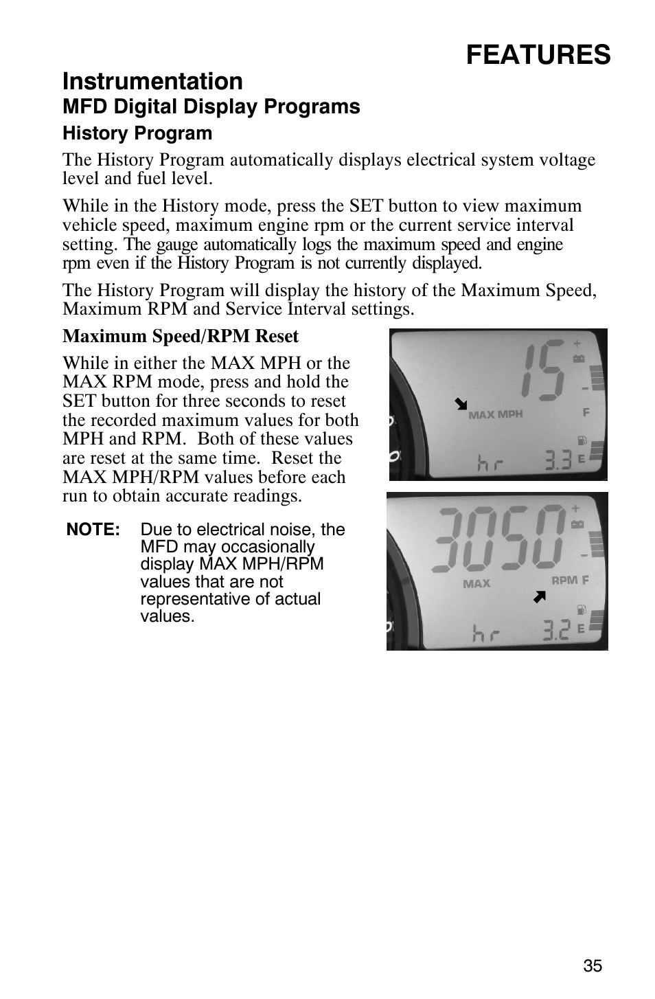 Features, Instrumentation | Polaris 700 Touring User Manual | Page 38 / 133