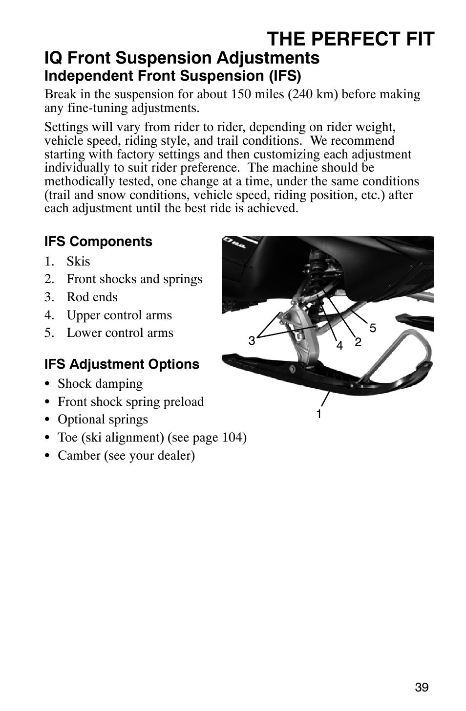 The perfect fit, Iq front suspension adjustments | Polaris 700 Touring User Manual | Page 42 / 133