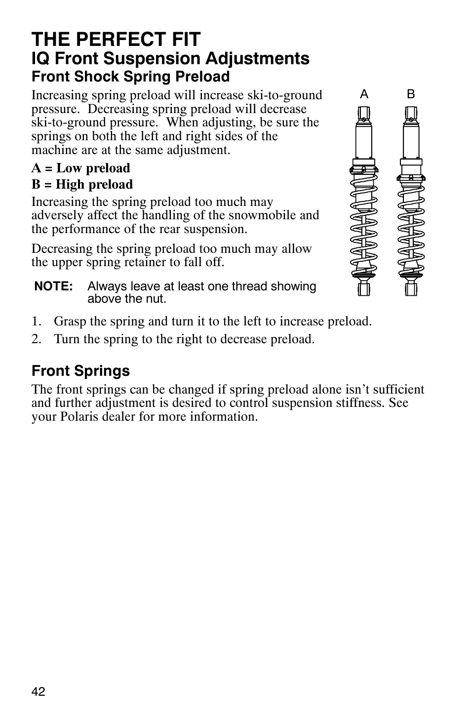 The perfect fit, Iq front suspension adjustments | Polaris 700 Touring User Manual | Page 45 / 133