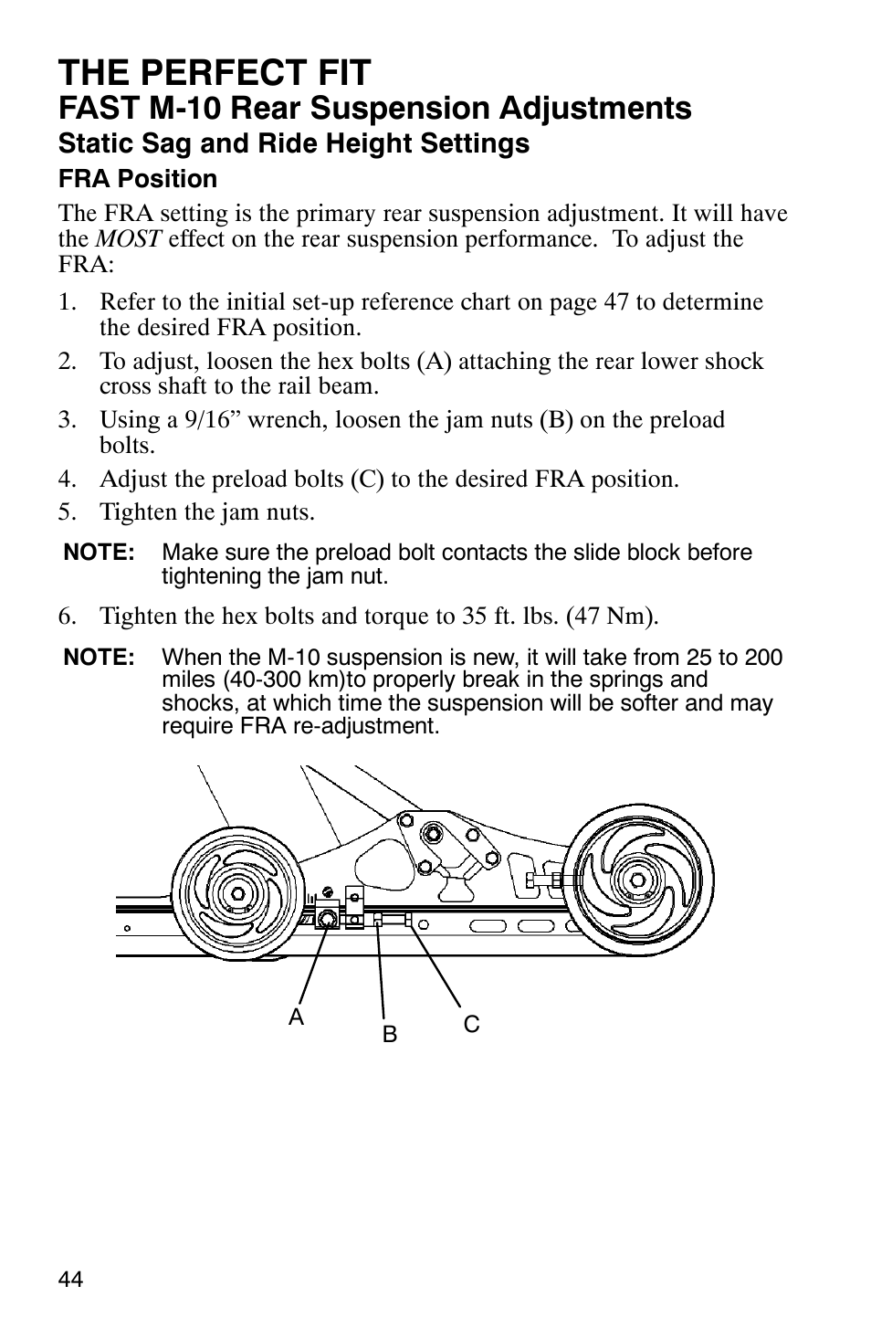 The perfect fit, Fast m-10 rear suspension adjustments | Polaris 700 Touring User Manual | Page 47 / 133