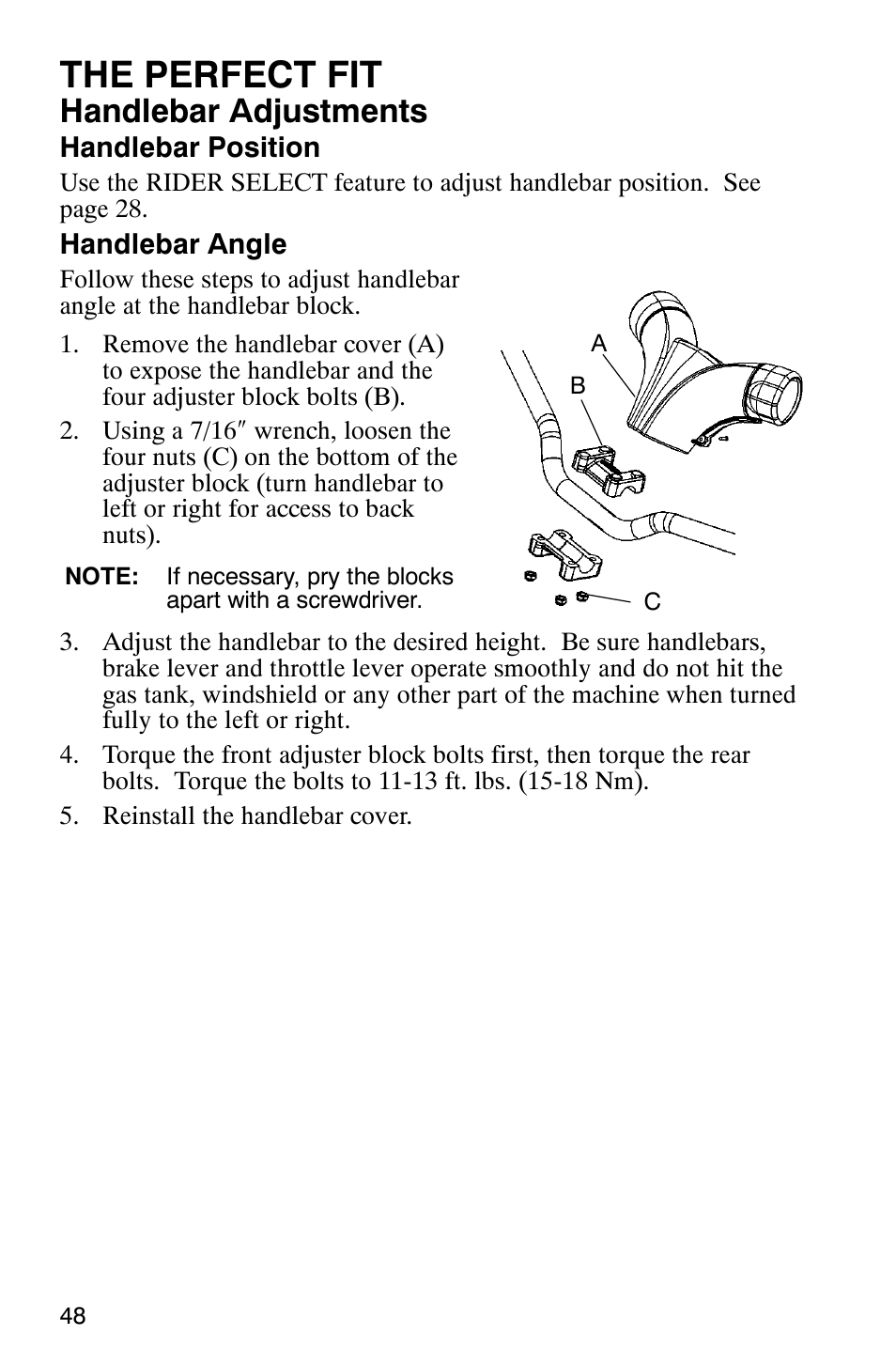 The perfect fit, Handlebar adjustments | Polaris 700 Touring User Manual | Page 51 / 133