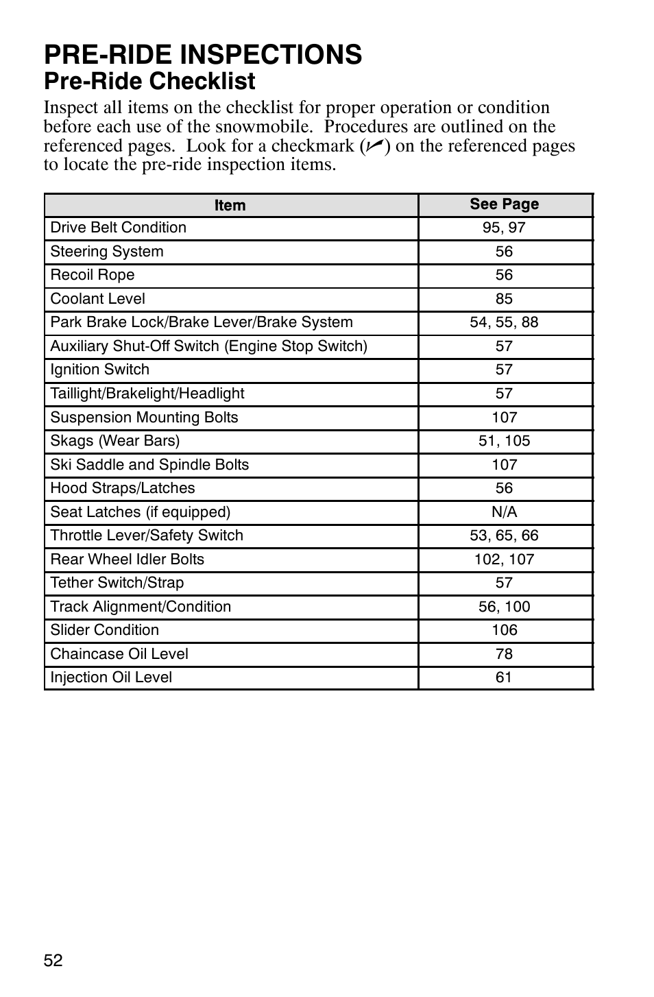 Pre-ride inspections, Pre-ride checklist | Polaris 700 Touring User Manual | Page 55 / 133