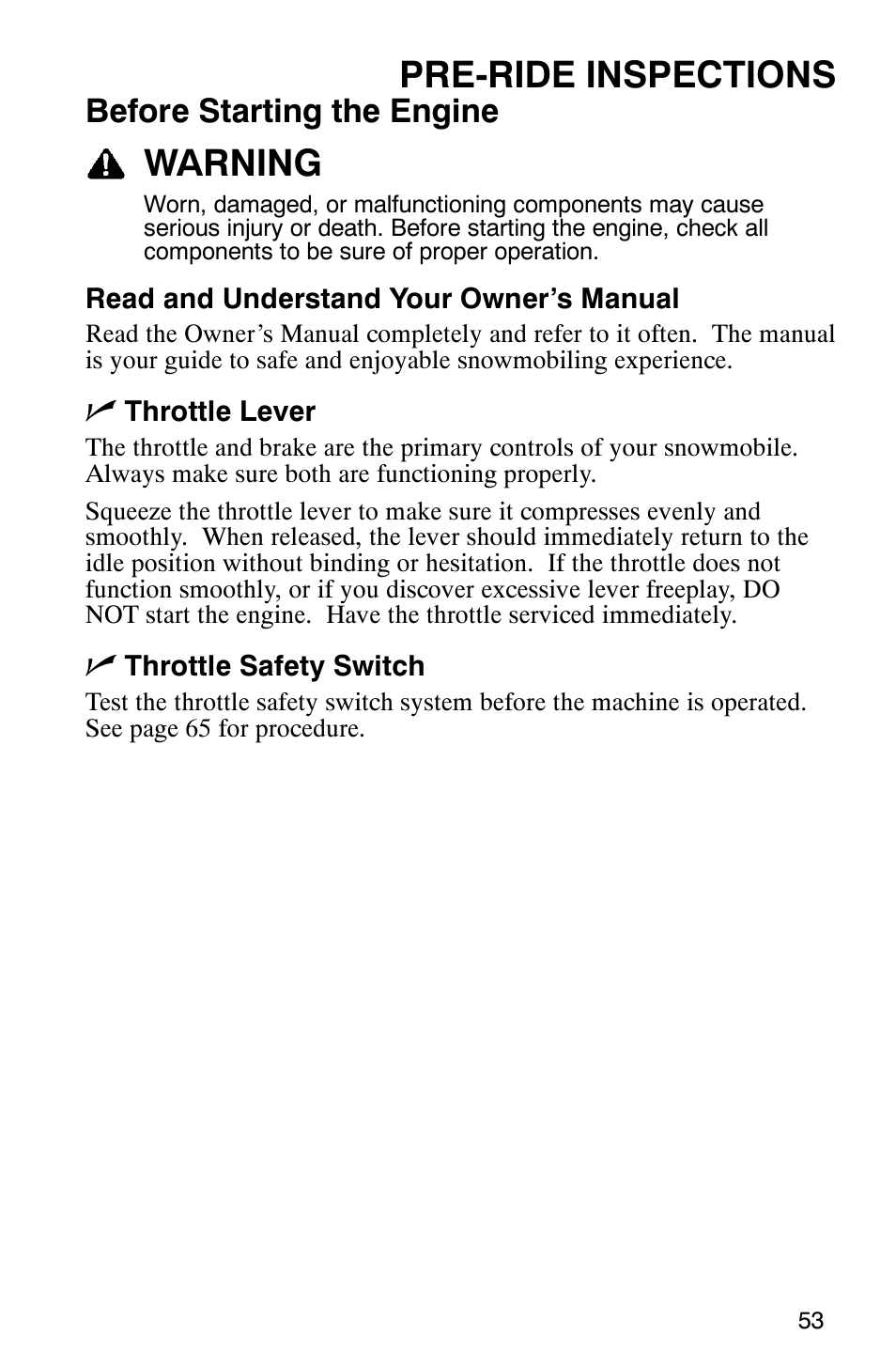 Pre-ride inspections, Warning, Before starting the engine | Polaris 700 Touring User Manual | Page 56 / 133