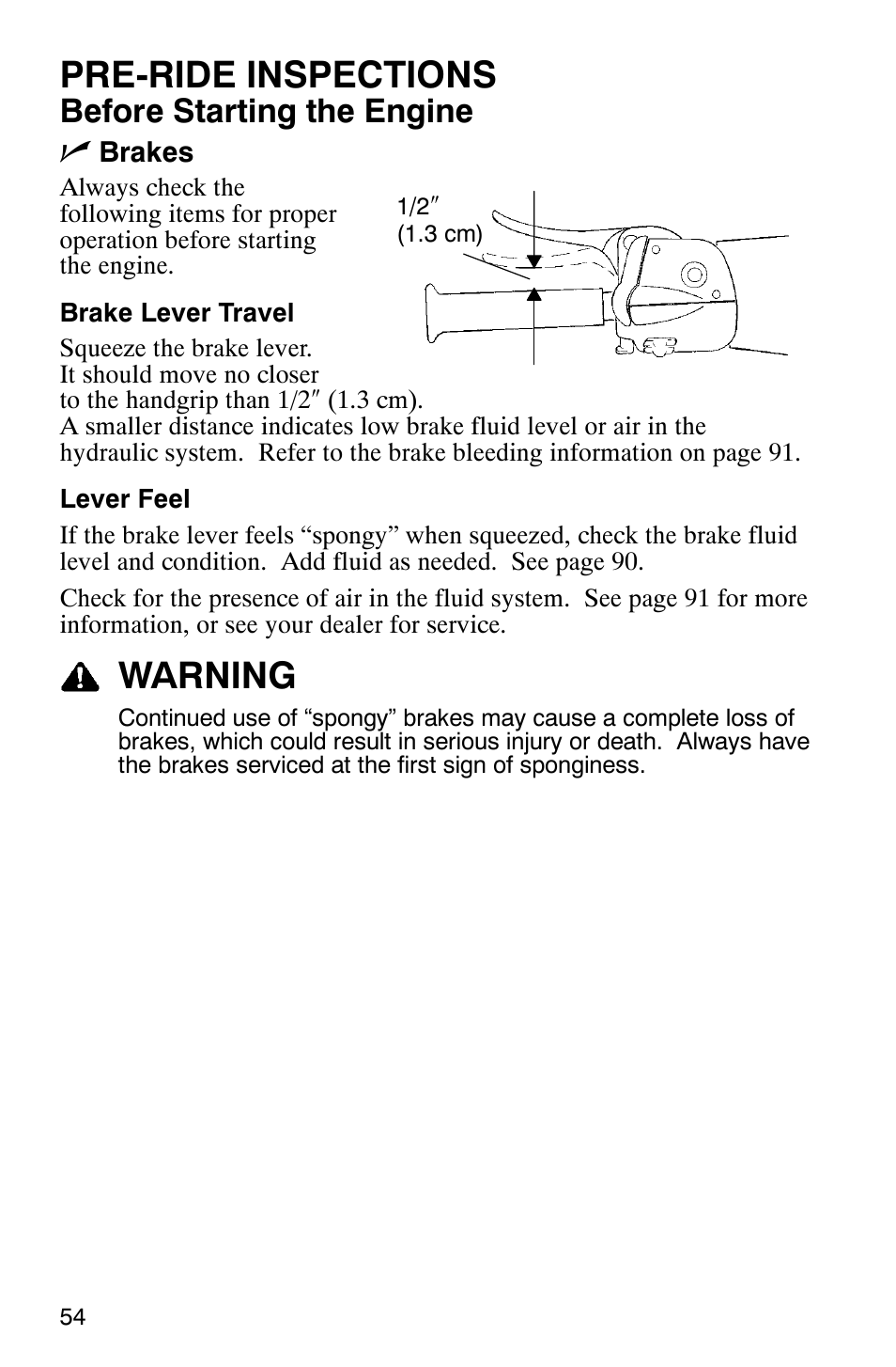 Pre-ride inspections, Warning, Before starting the engine n | Polaris 700 Touring User Manual | Page 57 / 133