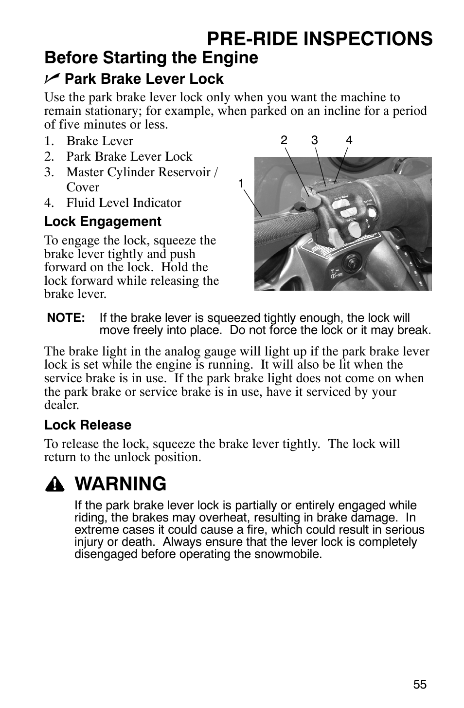Pre-ride inspections, Warning, Before starting the engine n | Polaris 700 Touring User Manual | Page 58 / 133